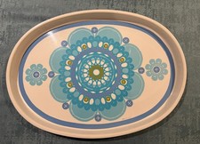 Vintage 1970’s Metal/Tin Serving Tray-Blue & White Design-EUC picture