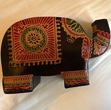 Elephant Piggy Bank Hand Painted Black Folk Art Coin Bank w/ Coin Slot picture