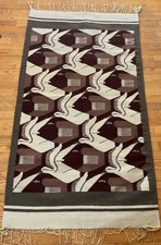 Vintage Handwoven Wool Rug Escher Style Birds Fish Chimayo Style 70x34 picture