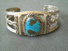 Native American Navajo Blue Gem Grade Turquoise Sterling Silver  Cuff Bracelet picture