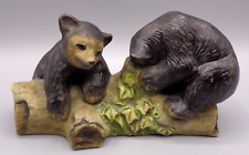 Vintage Ceramic Black Brown Bear Cubs on Log Figurine Pottery Ceramic Signed picture
