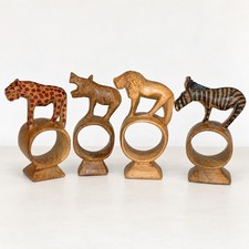Vintage Kenyan Hand Carved Wood Napkin Rings Set 4 Leopard Rhino Lion Zebra picture