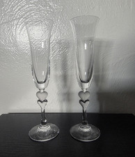Gorham Amore Lead Crystal Champagne Flutes Wedding Set of 2 Heart Stem picture
