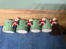 Norcrest Christmas Santa Hugger Tree Mugs X-99. Set 4 Mid Century Kitch Vintage picture