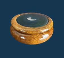 Vtg Handcrafted Wooden Trinket Box Black Agate Stone Lid Crescent Moon Design picture
