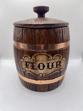 VTG 60s Treasure Craft Flour Canister Ceramic Barrel W/ Copper Bands Faux Wood picture