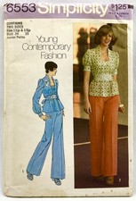 1974 Simplicity Sewing Pattern 6553 Junior Petite Top Pants Sz 11jp & 13jp 17371 picture