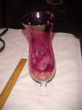 Vintage 10” Cranberry Flash Glass Vase Etched Floral Design Clear Footed Base picture