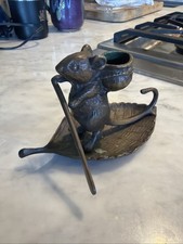 Vintage Metal Bronze - Field Mouse On Leaf Boat - Candlestick Holder picture