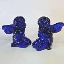 Pair of Cobalt Blue Sitting Angel Cherub Glass Taper Candle Holders  picture