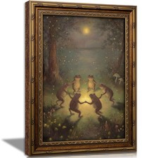 Vintage Gold Framed Frog Wall Art Dancing Moonlight Forest Painting 11x9 picture