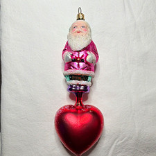 Vintage Christopher Radko Glass Santa Standing on Large Red Heart Ornament 8.5