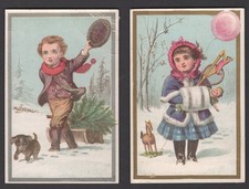 1880's ~ 2 UNUSED VICTORIAN STOCK~TRADE CARDS, CUTE CHILDREN IN THE SNOW   Z607 picture