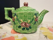 Vintage Green Basketweave Ceramic Single Serve Teapot Pink Flower Made in Japan picture