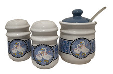 Vntg set 3 Country Goose Duck Jam Sugar Pot Crock Salt Pepper Shakers Ribbon S&P picture