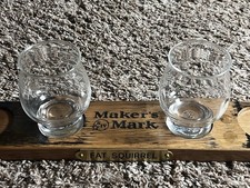 Maker’s Mark Bourbon Tasting Flight Board w/ 2 Logo Glasses Wooden Barware picture