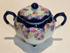 Vtg Hand Painted Japan Porcelain Covered Sugar Bowl Cobalt Blue Tiny Feet picture