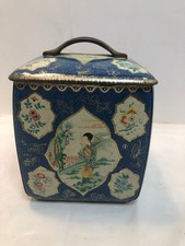 Vintage Tea Caddy Tin Canister Square Floral Japanese Geisha Asian Box Can picture