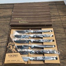 6x Vtg Viking Super Stainless Steel Dinner Knives MCM Japan Wood Style Handle picture