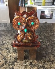 Mid Century Mod Vintage LUCITE Owl Napkin Letter Holder Petrified Wood Teal Eyes picture