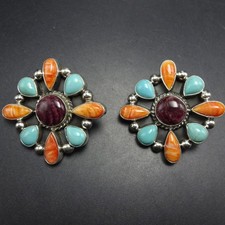 ELLA LINKIN Navajo TURQUOISE and SPINY OYSTER SHELL Sterling Silver EARRINGS picture
