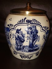 Vintage Delft Blue Holland Hand Painted Toeback Brass Lid Tobacoo  Jar  (541) picture