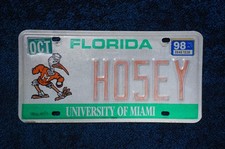1998 UNIVERSITY of MIAMI Florida License Plate picture