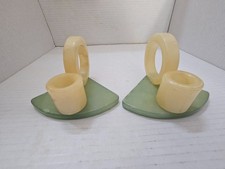 Unique Alabaster Vintage Green & Yellow Candlesticks Candle Holders BEAUTIFUL picture