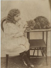 Victorian Girl Long Haired Tabby Cat Wicker Table Portrait 1890s VTG Photo picture
