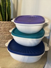 Vtg Tupperware Servalier Bowl Set Butterfly Handles Purple Teal Navy Lids GUC picture