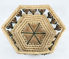 Vintage Woven Raffia Hexagon Basket Green Star Pattern Wall Decor 9.5