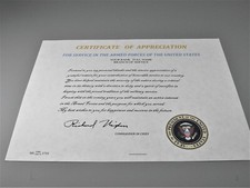 Certificate of Appreciation President Richard M. Nixon Replacement certificate  picture