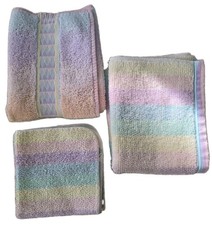Vintage Fieldcrest Pastel Striped Rainbow 3 Hand Towels 2 Washcloths MCM picture