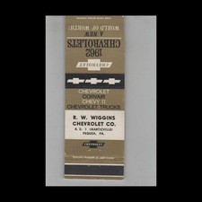 Matchbook Cover 1962 Chevy Dealer R.W. Wiggins Chevrolet Co. Pequea PA picture