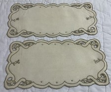 Two Vintage Rectangle Doilies, Linen, Off White & Beige, Scroll & Flower Design picture