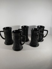 INDIANA GLASS: TIARA black glass Tankard Beer MUGS w/Pub Tavern Scene, SET OF 5 picture