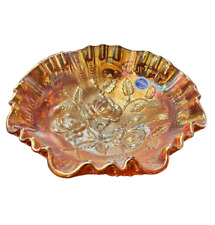 Vintage Imperial Wild Rose Marigold Carnival Glass Footed Ruffled Rim Bowl picture