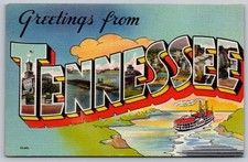 c1944 Greetings From Tennessee TN Large Letter Riverboat Steamboat Linen Postcar picture