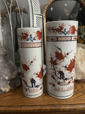 Vintage Robinson's Hand Painted Porcelain Cylinder Vases Pair Brush Pots Decor picture