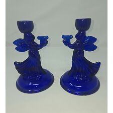 Vintage Cobalt Blue Glass Angel Candle Holders picture