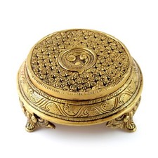 Ethnic Indian Handcrafted Round Brass Chowki with 4 Carved Legs picture