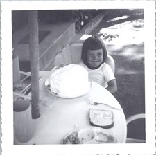 Smiling Young Girl with Birthday Cake, 1950s Backyard B&W Snapshot Photo picture