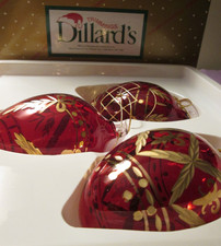 Vintage Dillards Trimmings Set of 3 Geometric Design Red & Gold Glass Ornaments picture