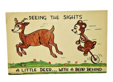 Vintage Curt Teich Linen Postcard Deer Bear Unicycle Comic P-242 2DK-122 picture