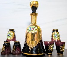 Vintage Italian Amethyst Purple Art Glass Decanter & 6 Cordial Glasses 24K Gilt picture
