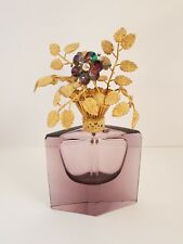 W German Amethyst Glass Perfume Bottle Gold Filagree Leaves & Rhinestone Flowers picture
