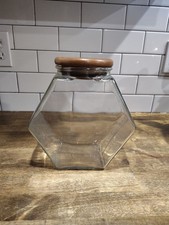 Vintage Glass Hexagon Candy Storage Jar Canister Wood Lid Clear Tilt picture