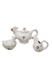 Graces Teaware  Rooster Floral Teapot Creamer and Sugar Bowl New picture