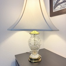 Vintage Cut Crystal Table Lamp Ornate Pattern Brass Base Elegant Shade picture