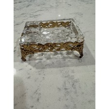 Vintage Crystal Ashtray in Ornate Gold Brass Filigree Footed Stand Hollywood Reg picture